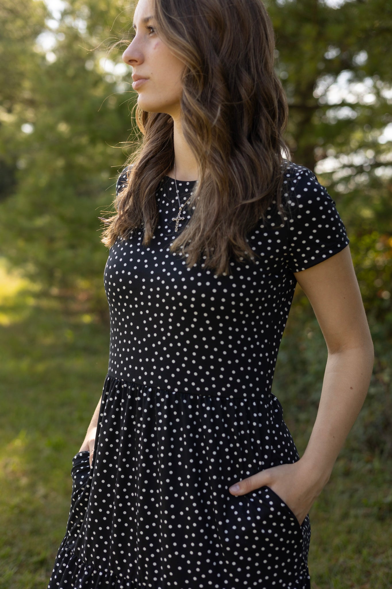 Size Small Black Polka Dot Tiered Comfy Dress with Cap Sleeves