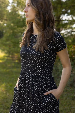 Ladies Black Polka Dot Tiered Comfy Dress