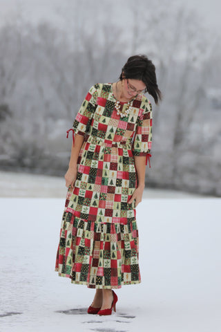 Holiday Patchwork Cotton Tiered Midi Dress