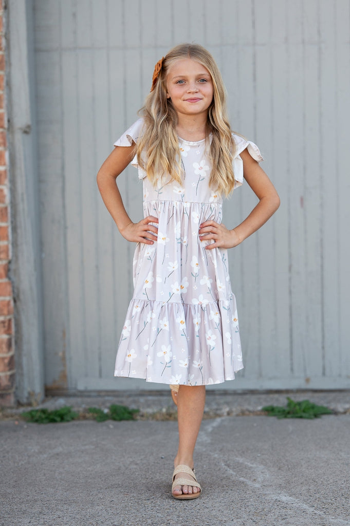 Pre-Order Girls Emma Taupe Spring Flutter Sleeve Dress