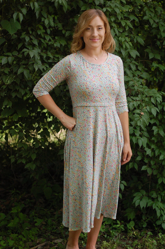 Sage Floral Round Neck Twirl Dress