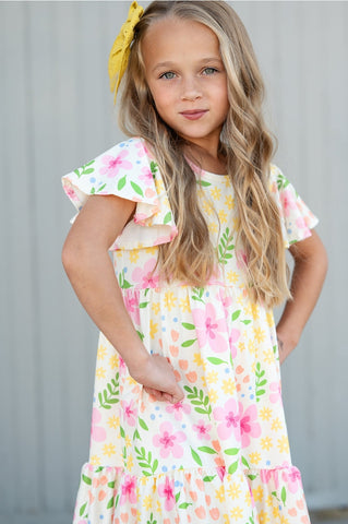 Pre-Order Girls Dainty Spring Floral Willow Flutter Sleeve Dress