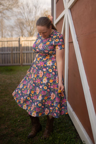 Jeweled Blooms Cotton V-Neck Twirl Dress