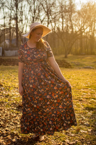Antique Floral Prarie Style Maxi Dress with Natural Waist Bodice Non-Nursing