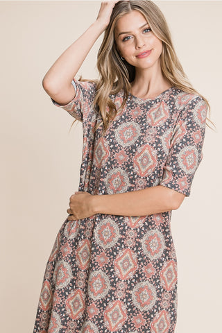 Taupe Aztec Print Midi Length Dress