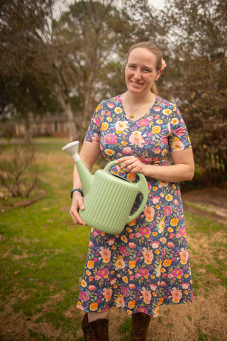 Jeweled Blooms Cotton V-Neck Twirl Dress