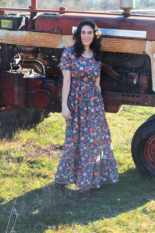 Antique Floral Prarie Style Maxi Dress with Natural Waist Bodice Non-Nursing