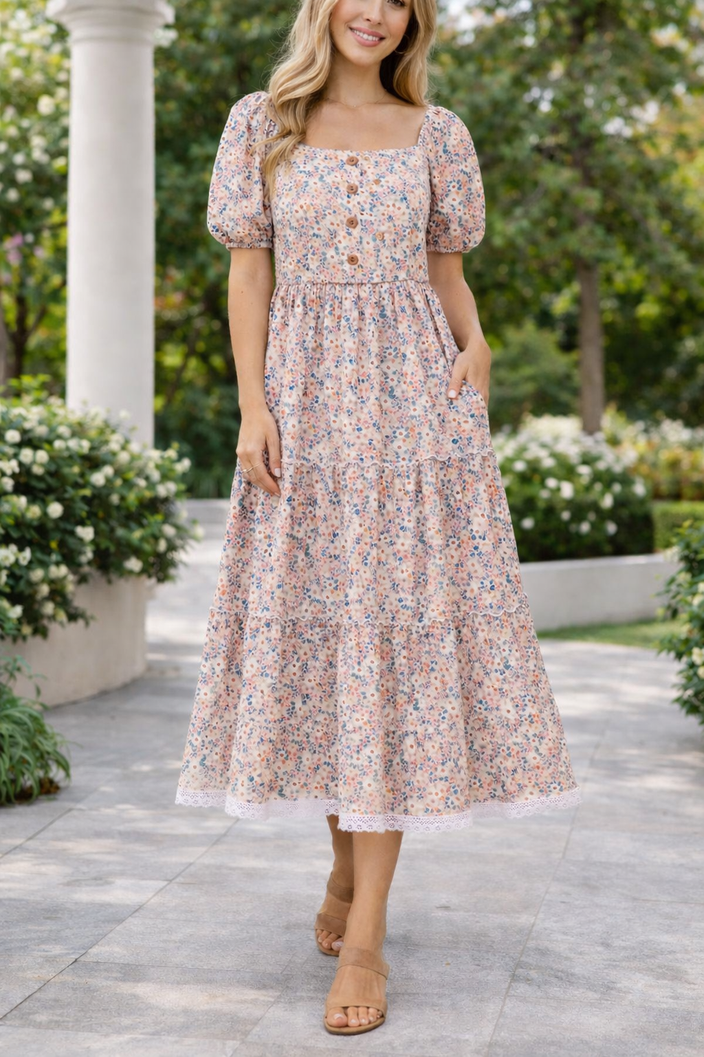 Floral Button Accent Dress with Puff Sleeves