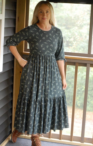 Pre-Order Olive Branch Nursing Friendly Cotton Tiered Midi Dress in Dark Green
