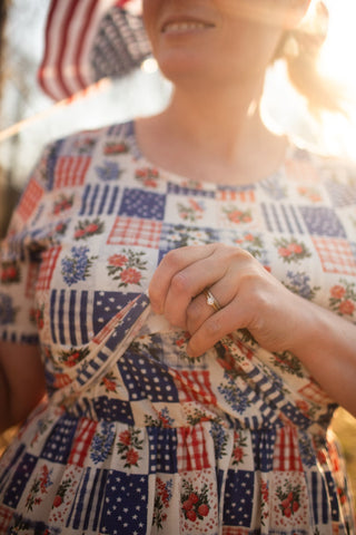 Patriotic Patchwork Prairie Style Nursing-Friendly Cotton Midi Dress with Natural Waist Bodice