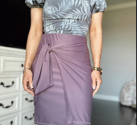 Plum Purple Faux Wrap Style Swim Skirt with Built-in Shorts