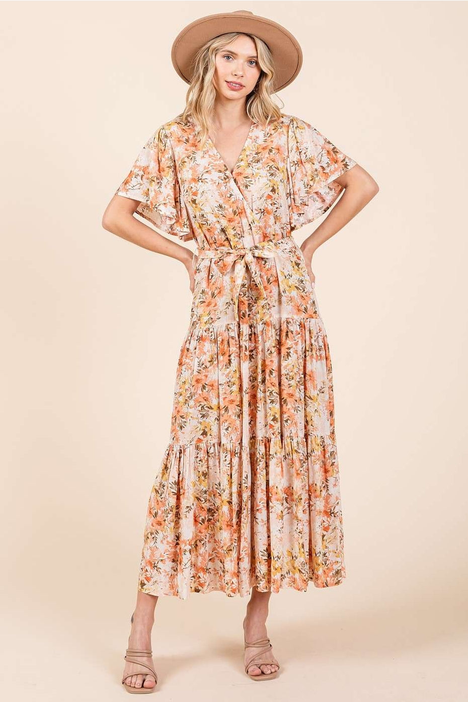 Beige Floral V-Neck Maxi Dress