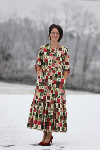 Holiday Patchwork Cotton Tiered Midi Dress
