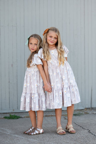 Pre-Order Girls Emma Taupe Spring Flutter Sleeve Dress