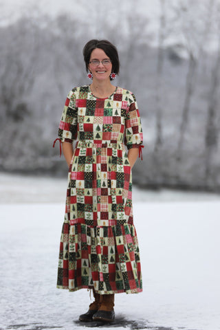 Holiday Patchwork Cotton Tiered Midi Dress
