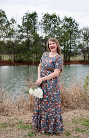 Antique Floral Prarie Style Maxi Dress with Natural Waist Bodice Non-Nursing