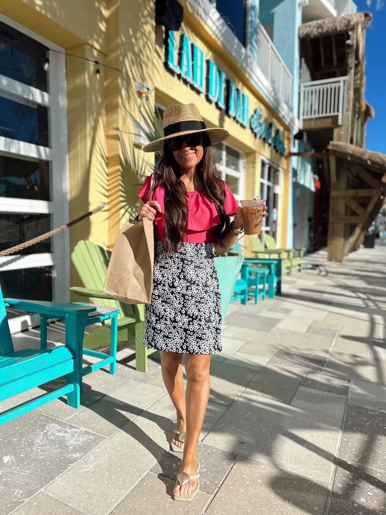 Black & White Floral Swim Skirt with Side Pockets