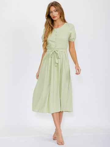 Button Up Elastic Waist Maxi Dress in Mint