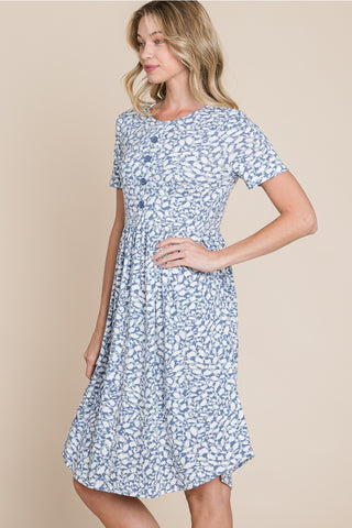 Blue Floral Dress with Button Accents