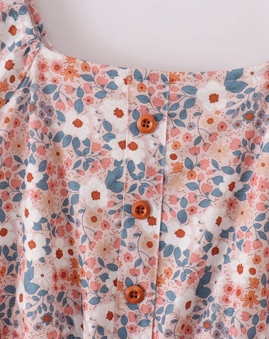 Floral Button Accent Dress with Puff Sleeves