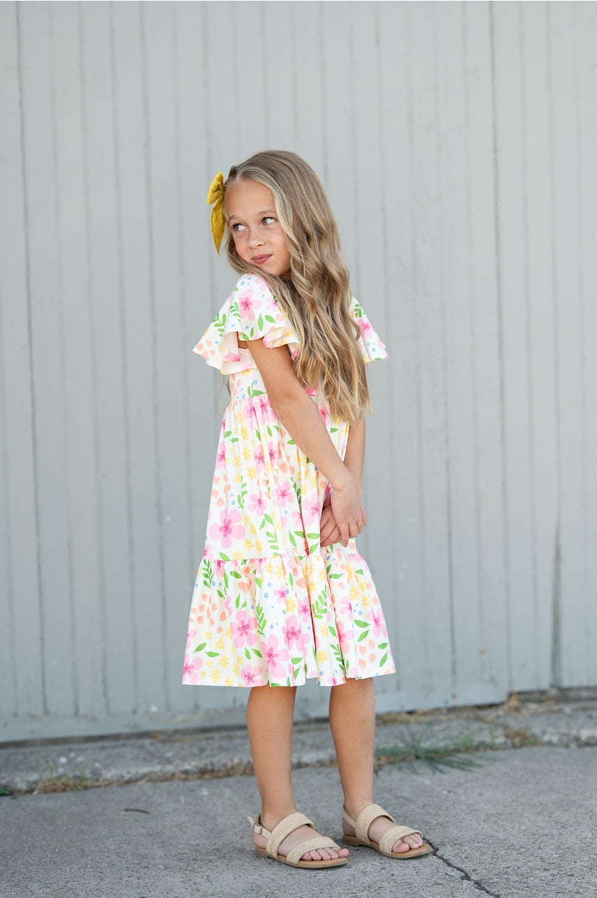 Pre-Order Girls Dainty Spring Floral Willow Flutter Sleeve Dress