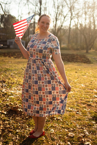 Patriotic Patchwork Prairie Style Nursing-Friendly Cotton Midi Dress with Natural Waist Bodice