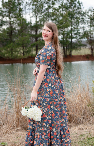 Antique Floral Prarie Style Maxi Dress with Natural Waist Bodice Non-Nursing
