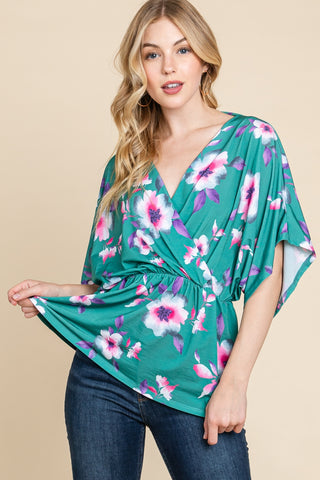 Teal Floral Wrap Top