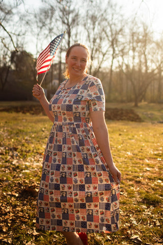Patriotic Patchwork Prairie Style Nursing-Friendly Cotton Midi Dress with Natural Waist Bodice