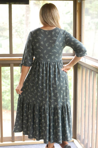Pre-Order Olive Branch Nursing Friendly Cotton Tiered Midi Dress in Dark Green