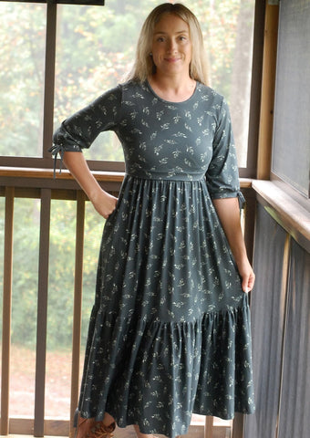 Pre-Order Olive Branch Nursing Friendly Cotton Tiered Midi Dress in Dark Green