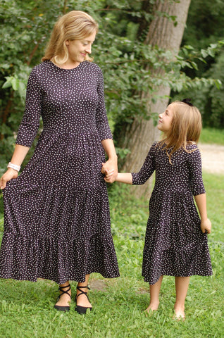 Ladies Black Polka Dot Tiered Comfy Dress