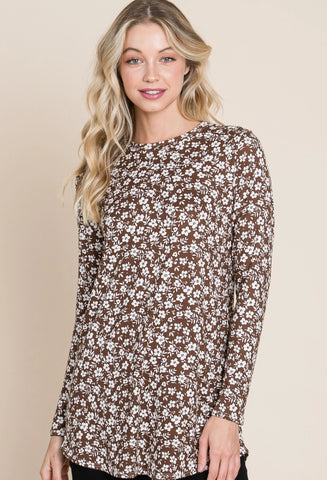 Brown Floral Long Sleeved Top