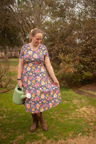 Jeweled Blooms Cotton V-Neck Twirl Dress