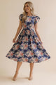 Ruffle Sleeve Navy Floral Midi Dress