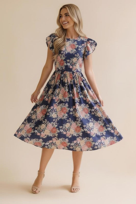 Ruffle Sleeve Navy Floral Midi Dress