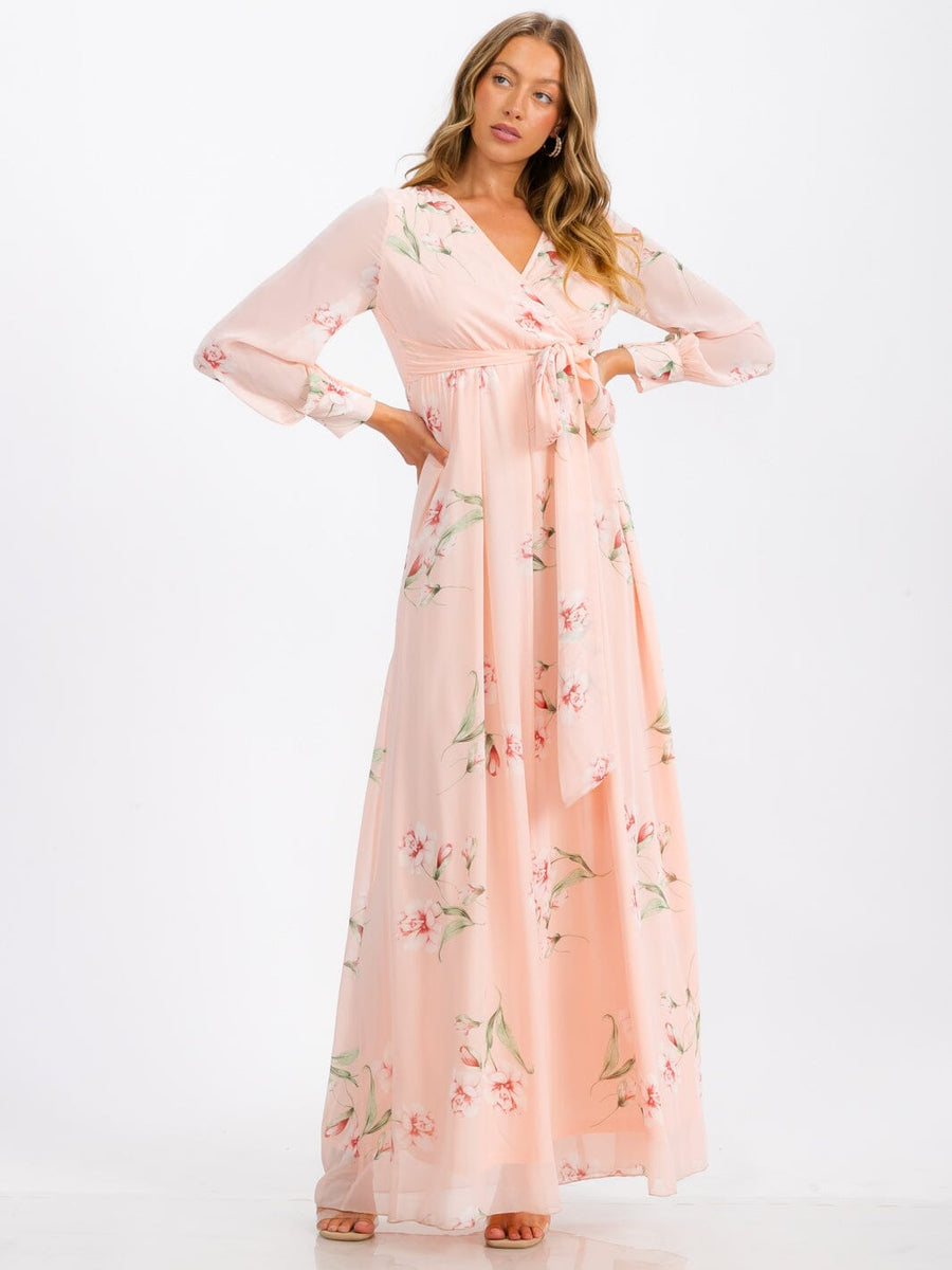 Peach Floral Maxi Dress with Sash