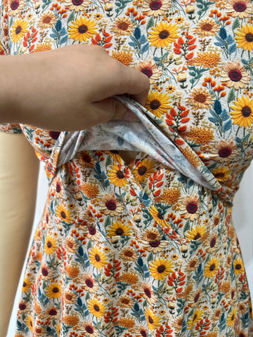 Cotton Sunflower  Floral Nursing Friendly Twirl Dress
