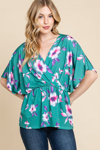Teal Floral Wrap Top