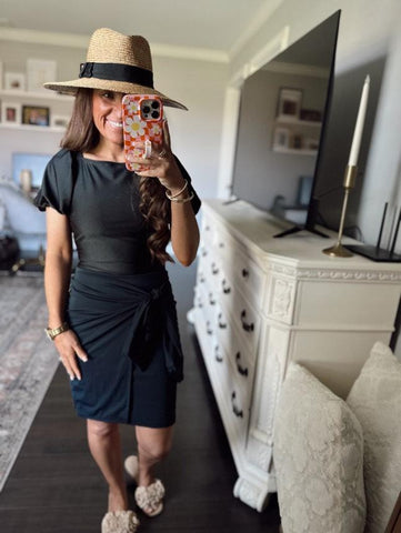 Black Faux Wrap Style Swim Skirt with Built-in Shorts