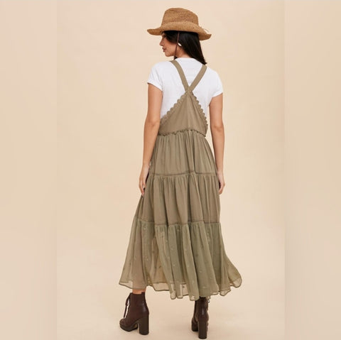 Lace Trimmed Overall Dress in Olive