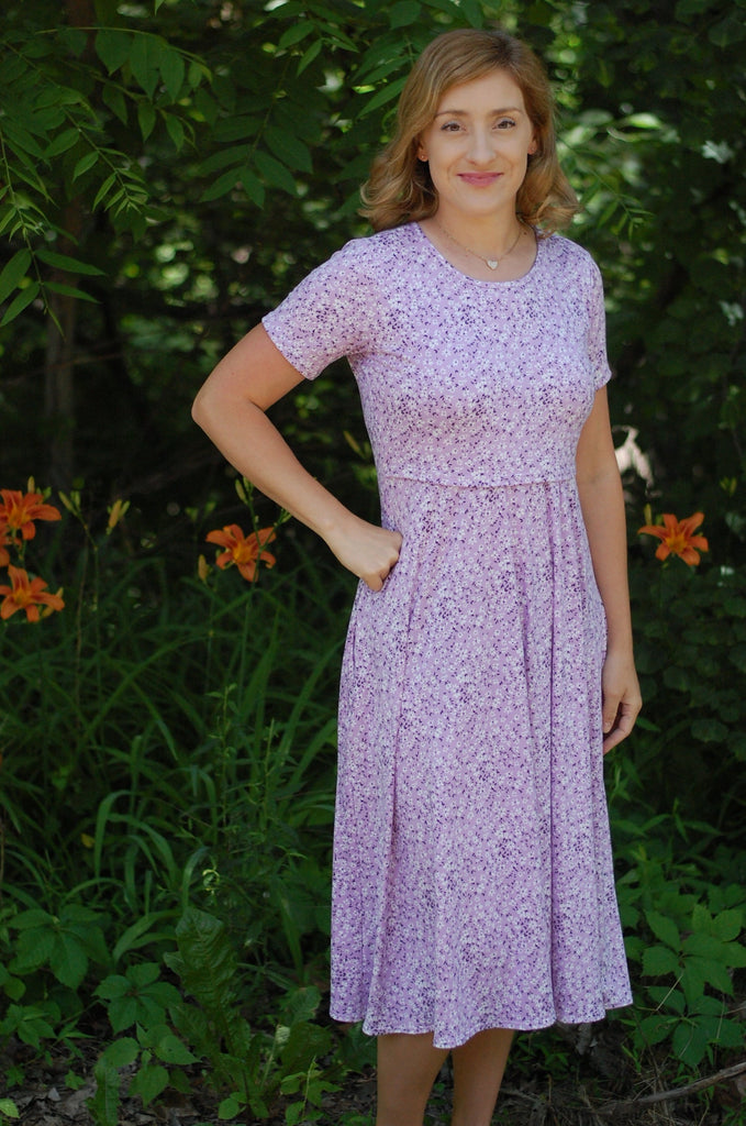 Lavender Floral Round Neck Twirl Dress