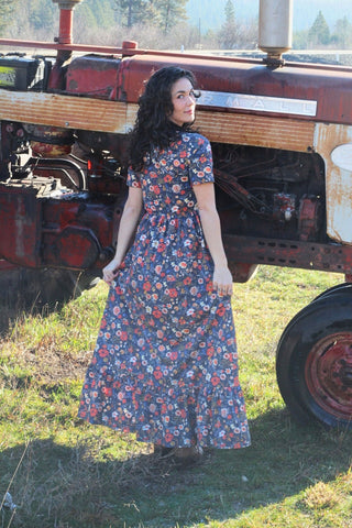 Antique Floral Prarie Style Maxi Dress with Natural Waist Bodice Non-Nursing