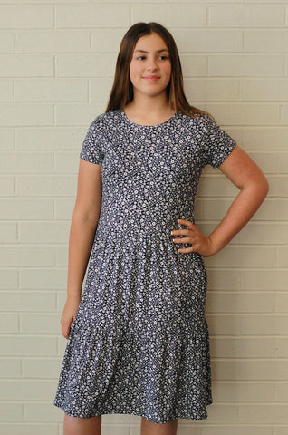 Navy Blooms Tiered Dress