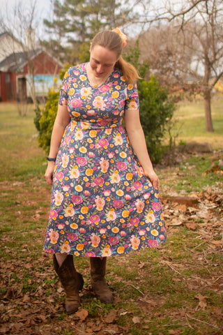 Jeweled Blooms Cotton V-Neck Twirl Dress