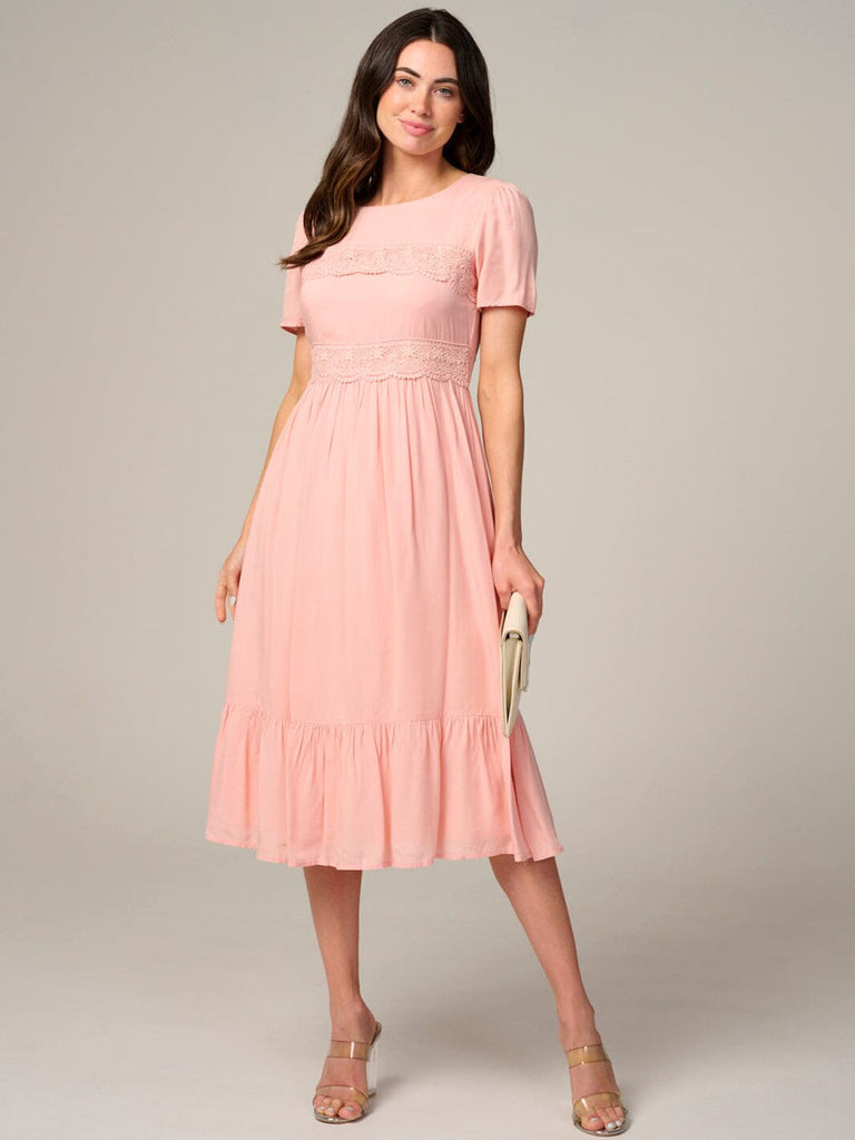 Blush Pink Lace Accent Midi Dress