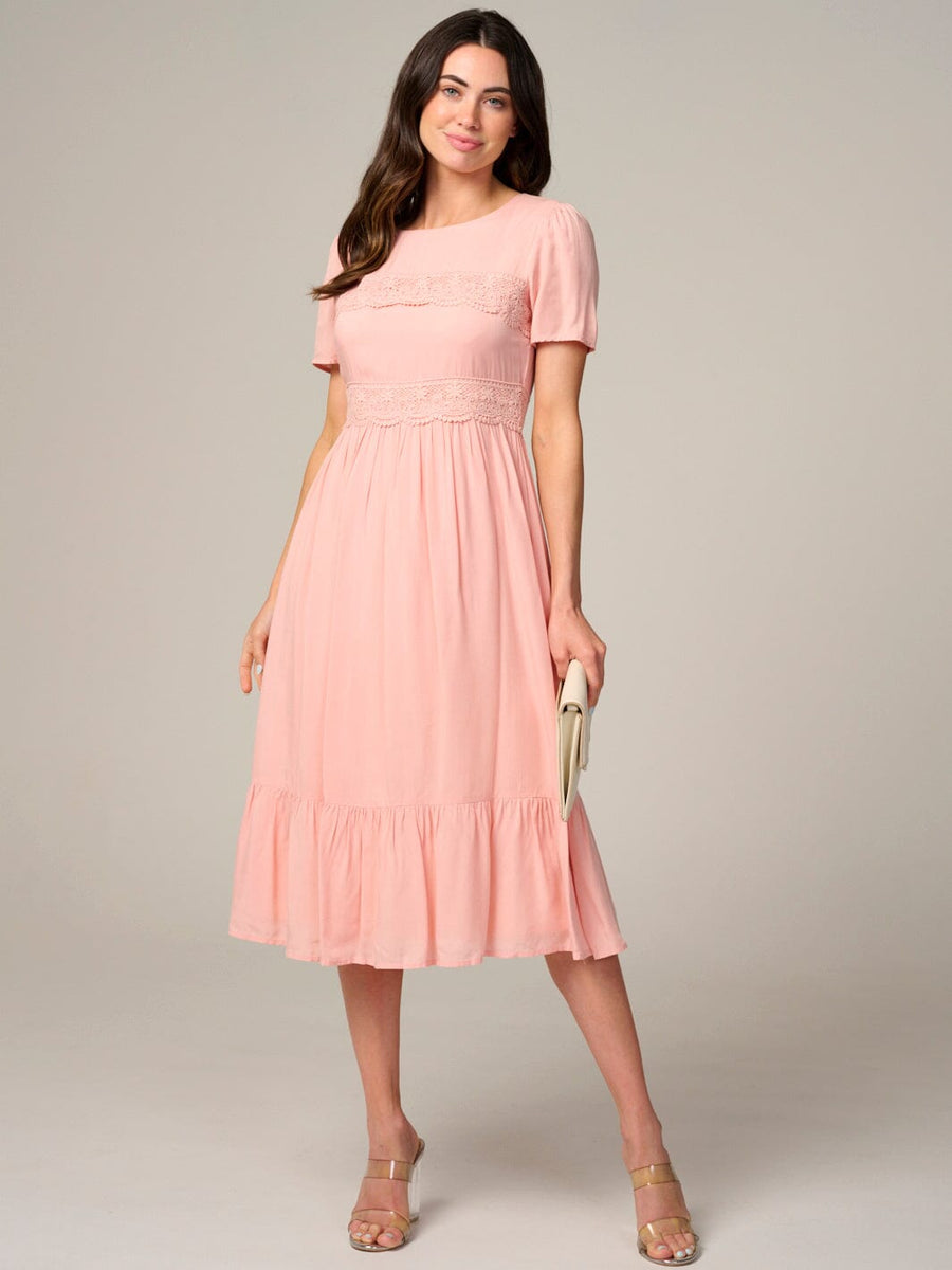 Blush Pink Lace Accent Midi Dress