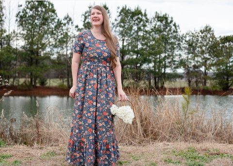 Antique Floral Prarie Style Maxi Dress with Natural Waist Bodice Non-Nursing