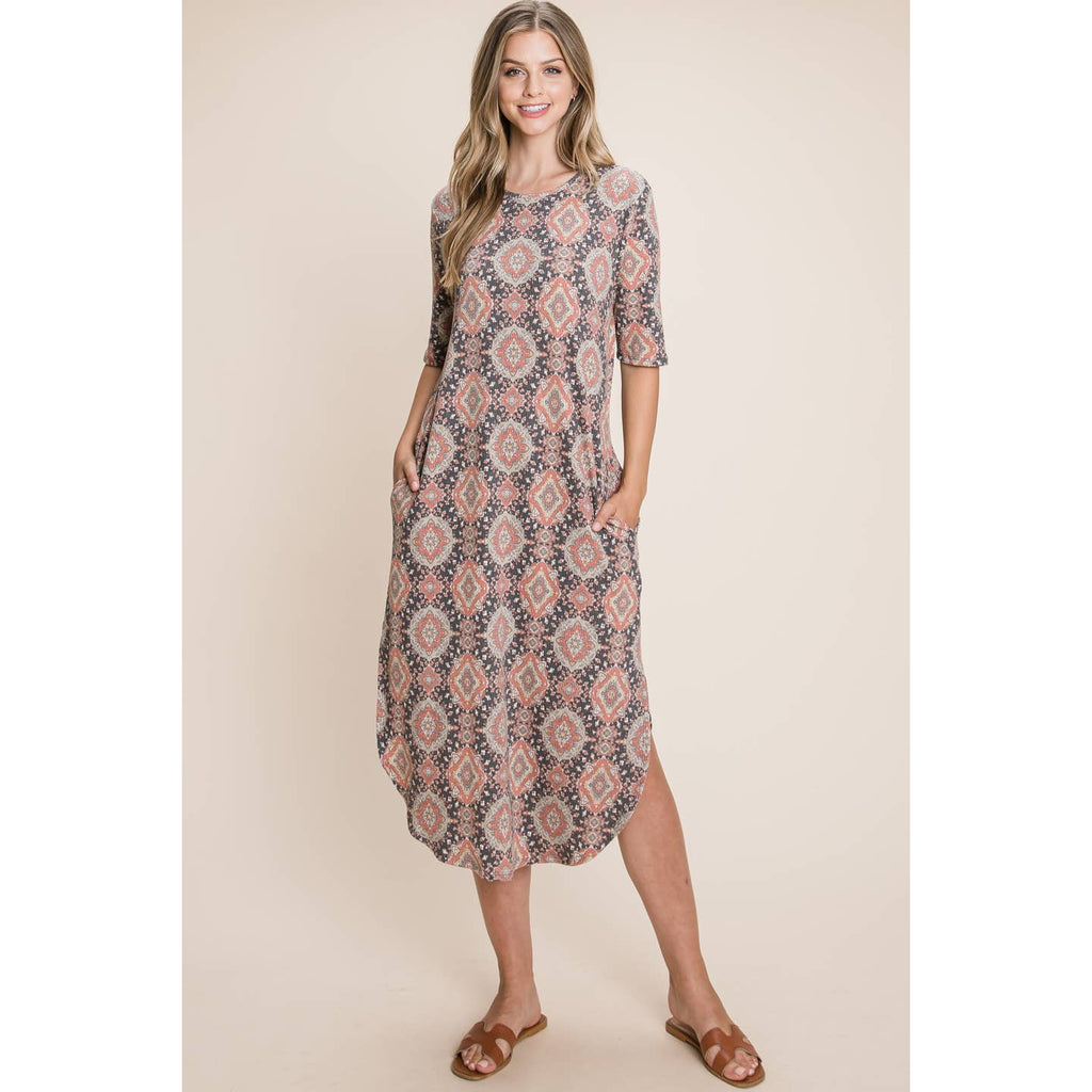 Taupe Aztec Print Midi Length Dress