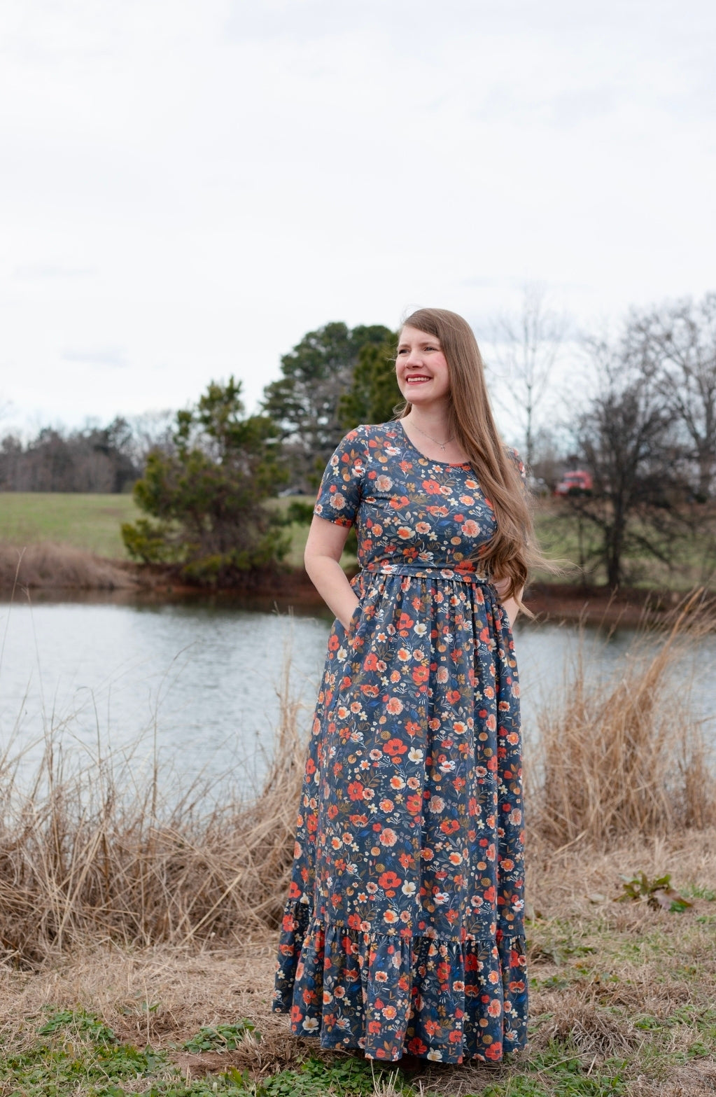 Antique Floral Prarie Style Maxi Dress with Natural Waist Bodice Non-Nursing